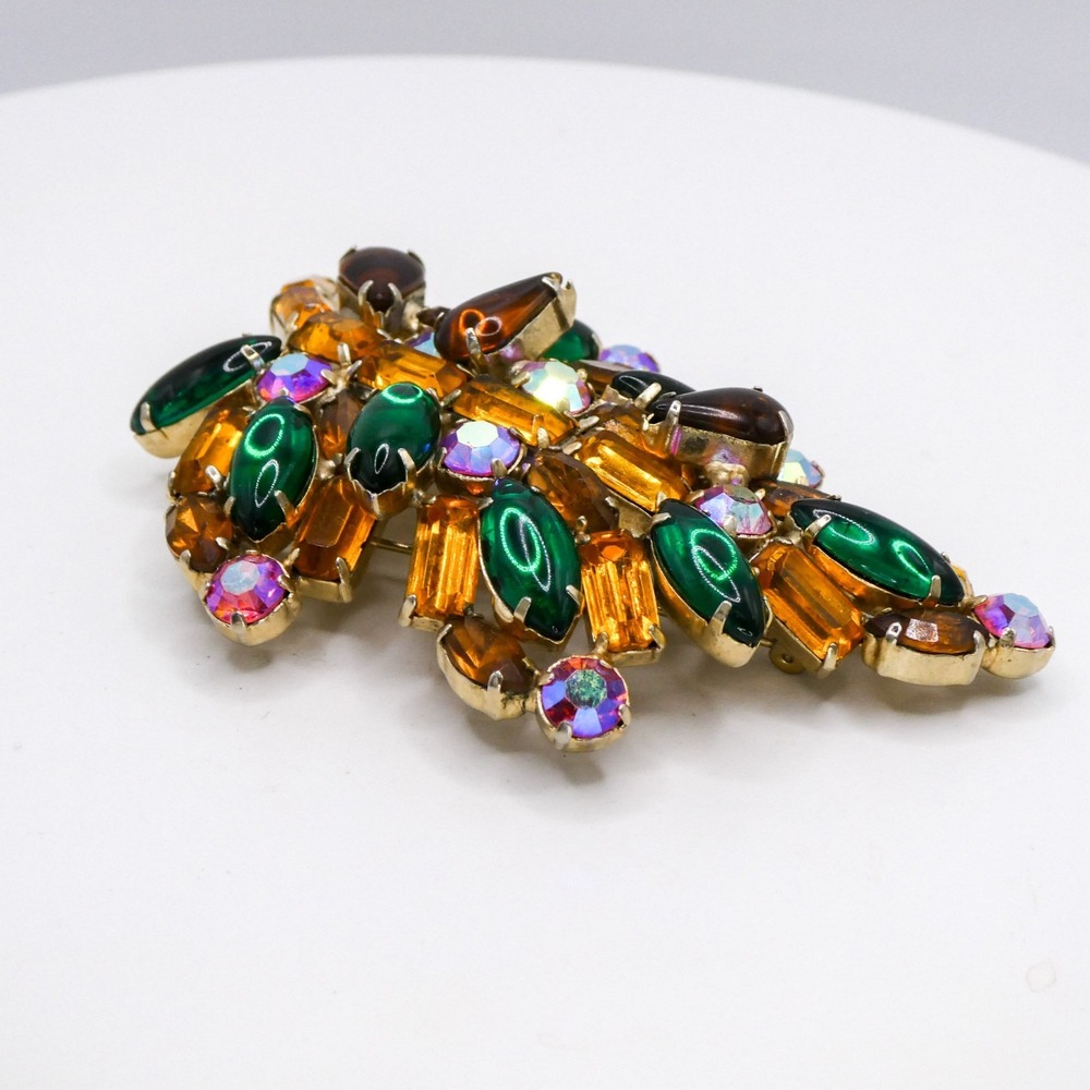 Vintage Rhinestone Leaf Extra Large 3.3" Gold & Green Statement Brooch Pin - Picture 8 of 12